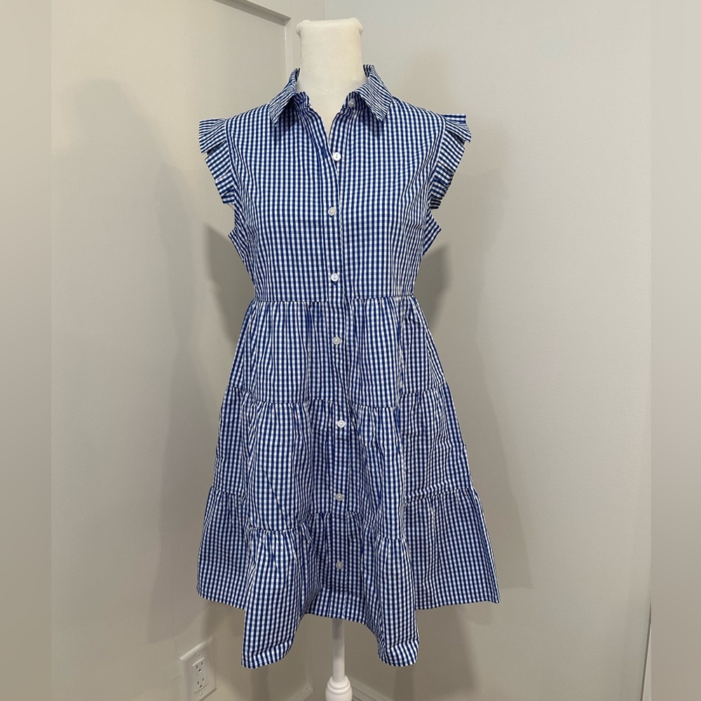 Pleated Gingham Tiered Poplin Dress